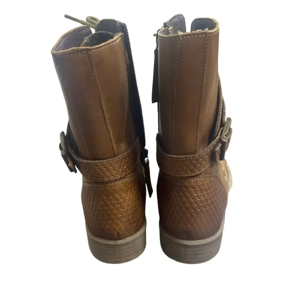 Roan Footwear Women’s Size 6.5 Brown Leather Ankle Boots Lace Up Zip Moto Boho